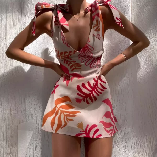 Women's Summer Beach Mini Dress with Bow Tie - Image 3