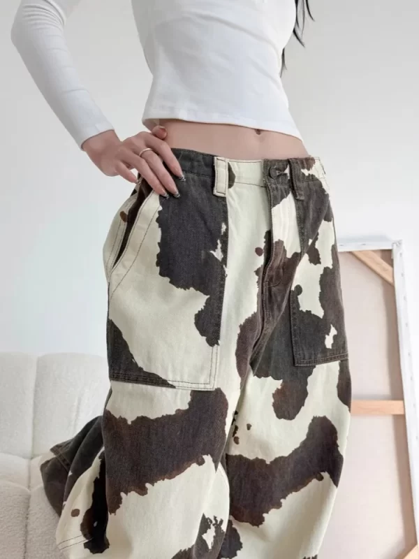 Trendy Cow Print Baggy Jeans for Women - Casual Wide Leg Cotton Pants - Image 5