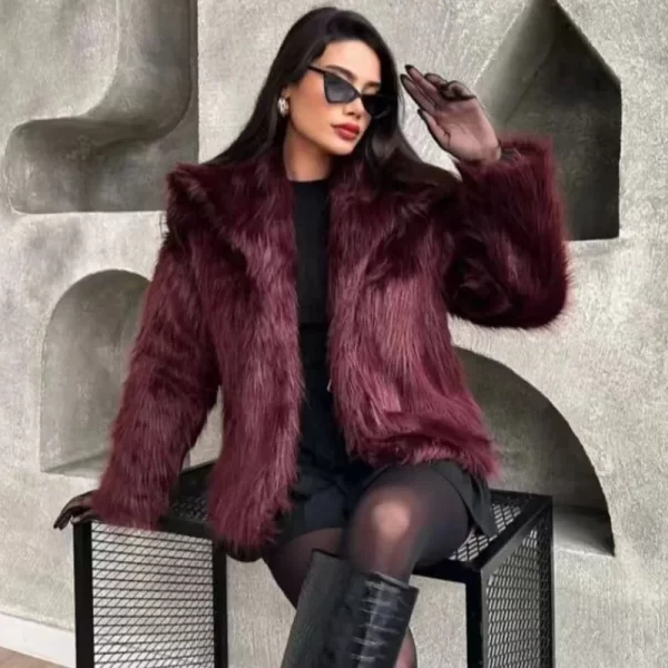 Burgundy Plush Fur Bomber Jacket for Women - Image 4