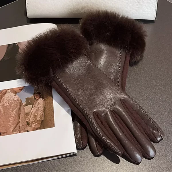 Elegant Women's Faux Fur Trim Leather Gloves - Winter Warmth and Style