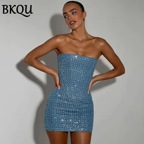 Women’s Sequined Strapless Denim Two-Piece Set - Party and Nightclub Outfit - Image 2