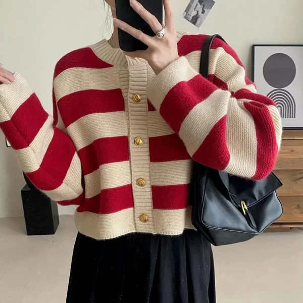 Korean Style Striped Knitted Cardigan for Women - Button Up Loose Fit Sweater - Image 2