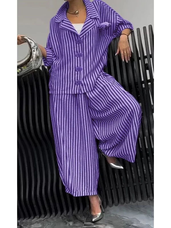 Women's Striped Wide Leg Pants Set - Casual Spring/Autumn Outfit - Image 4