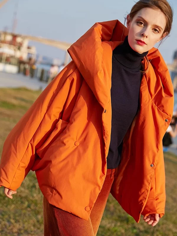 Oversized Hooded Down Jacket for Women - Fluffy Orange Red Parka - Image 3