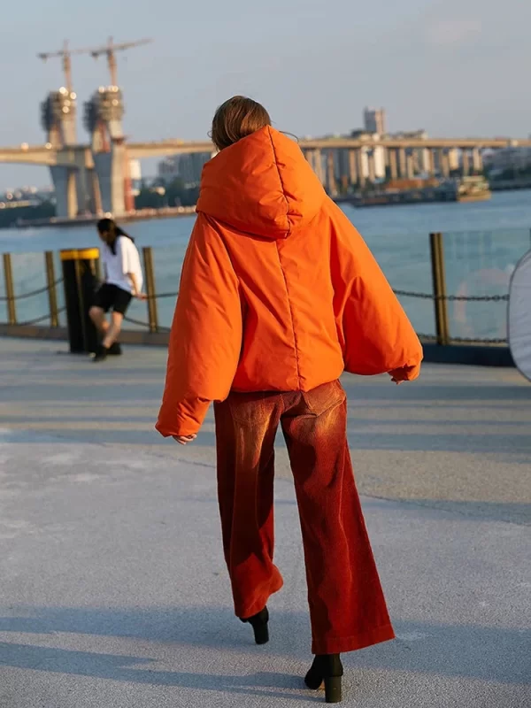 Oversized Hooded Down Jacket for Women - Fluffy Orange Red Parka - Image 6