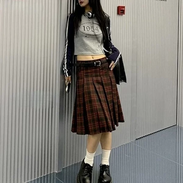 Vintage Plaid Low Waist Pleated Skirt for Women