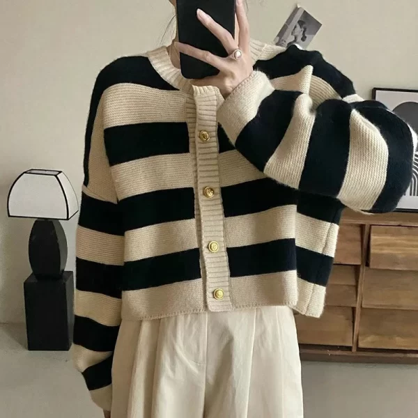 Korean Style Striped Knitted Cardigan for Women - Button Up Loose Fit Sweater - Image 3