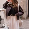 Chic Green Leather Sleeve Crop Jacket for Women - Image 5