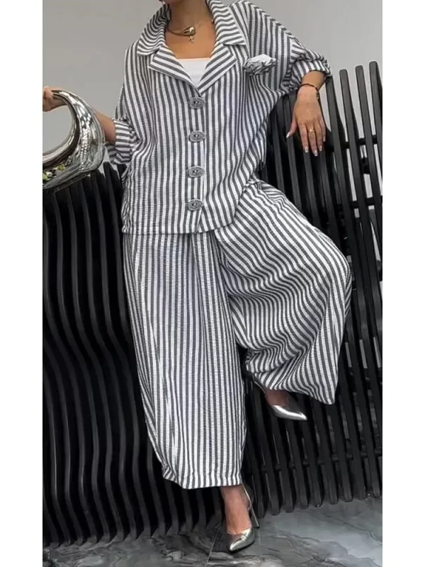 Women's Striped Wide Leg Pants Set - Casual Spring/Autumn Outfit - Image 3