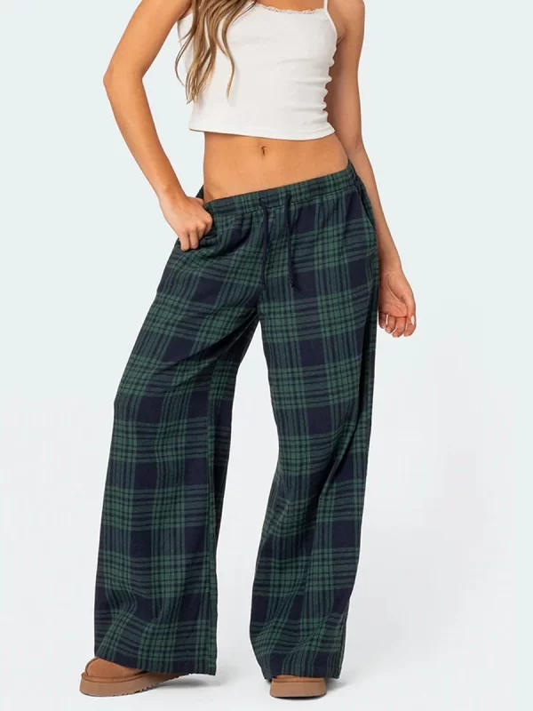 Casual Wide Leg Plaid Pajama Pants for Women