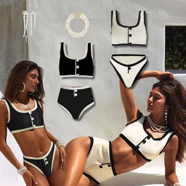 Stylish High-Waisted Black and White Bikini Set