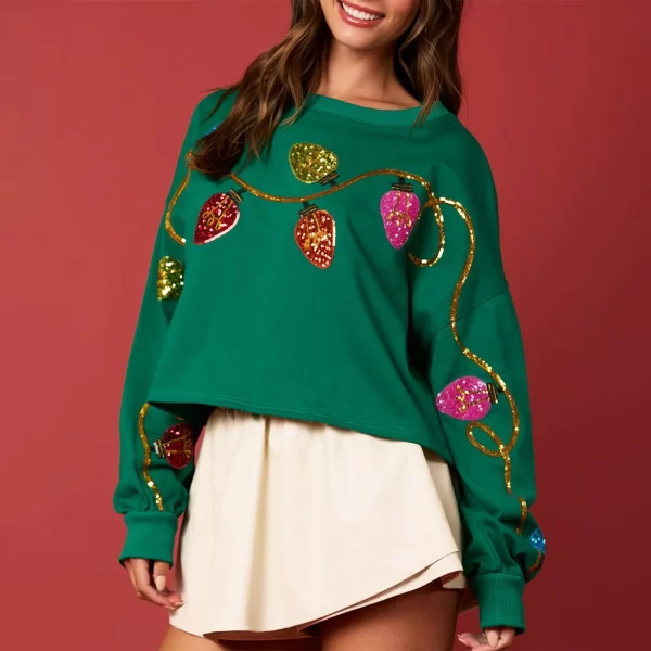 Festive Women’s Cropped Christmas Sweatshirt with Sequin Lights - Image 4