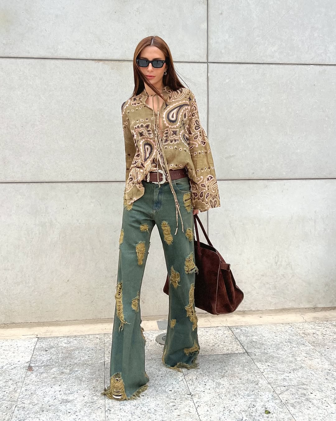 Chic bohemian vibe with green flare pants