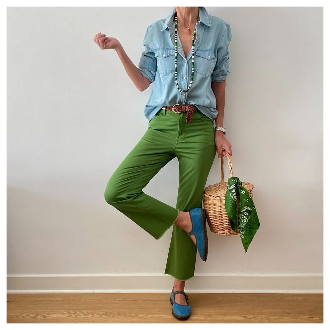 Chic Green Pants with Casual Denim Top