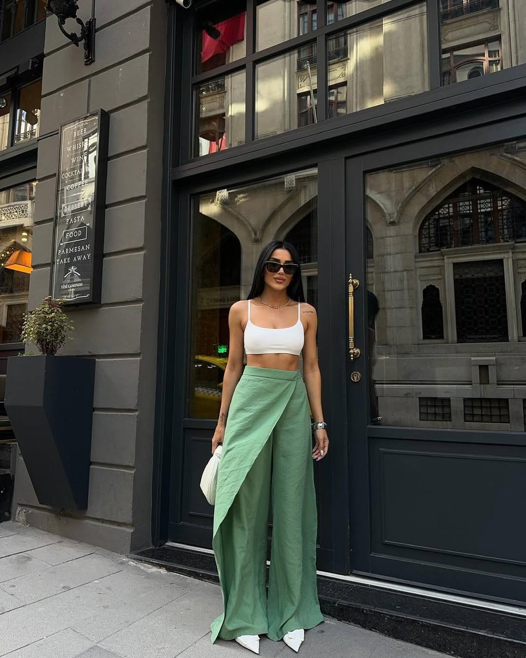 Chic Green Wide-Leg Pants and Crop Top