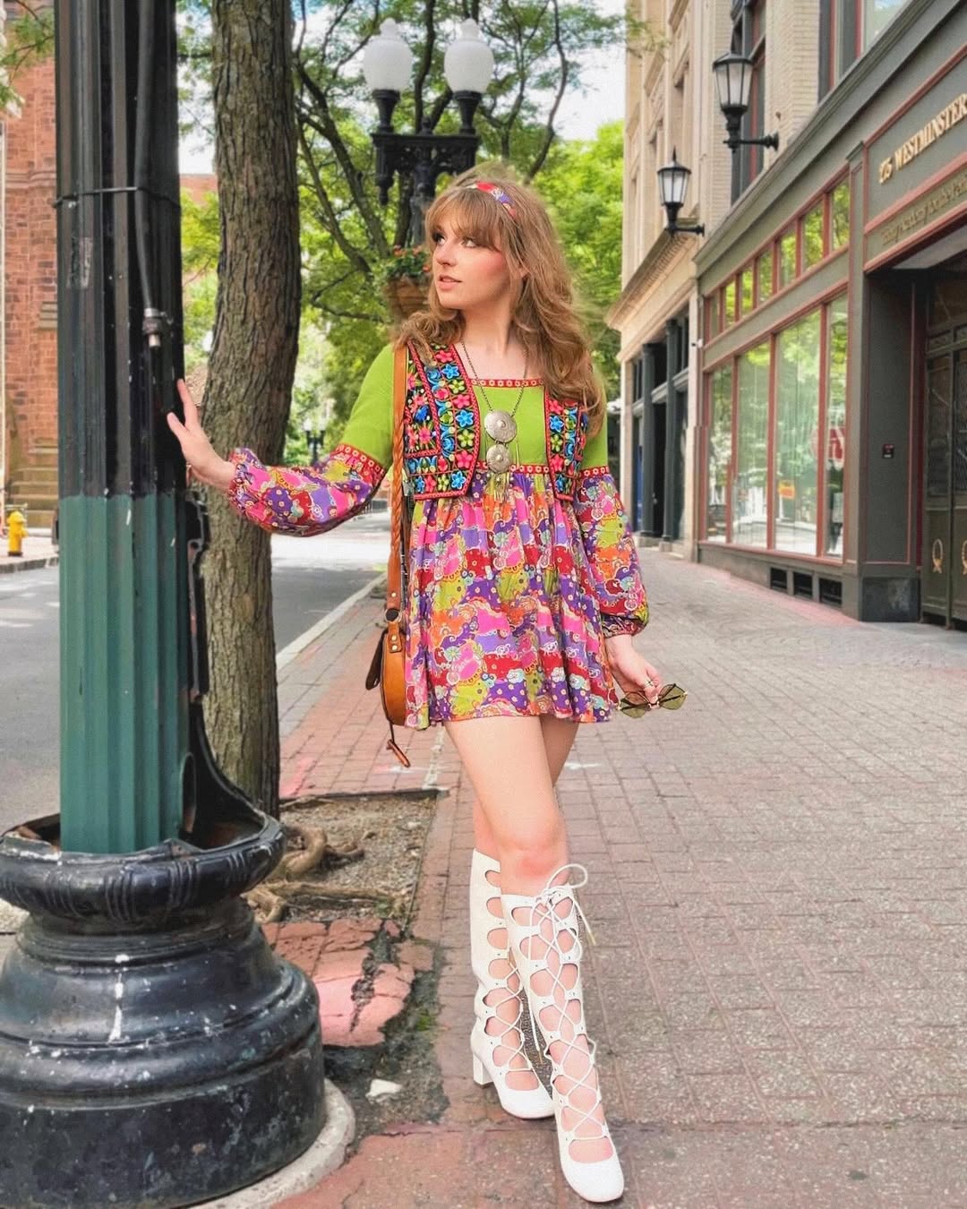 Vibrant 70s Bohemian Style Dress Ensemble