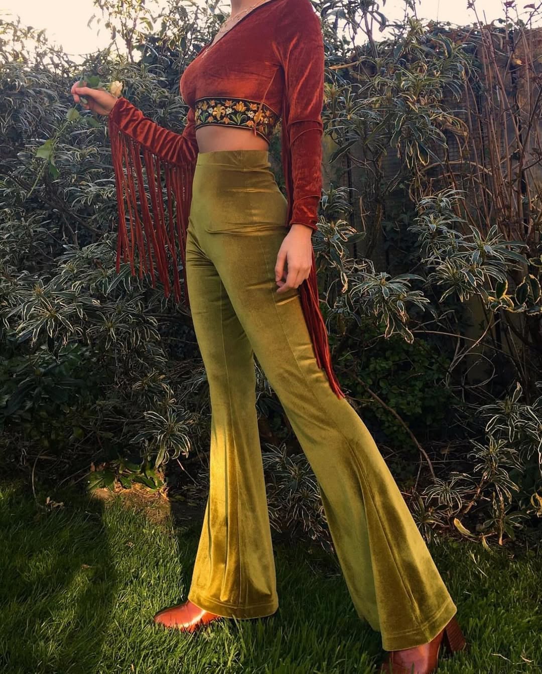 Chic 70s Velvet Crop Top and Flared Pants