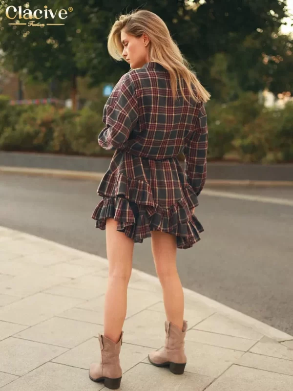 Elegant Women's Loose Plaid Two-Piece Outfit with Long Sleeve Blouse and Pleated Mini Skirt - Image 6