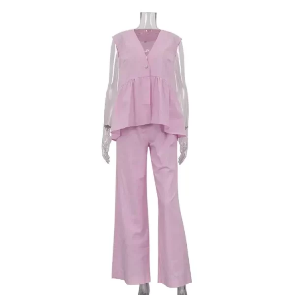 Chic Loose Pink Cotton Linen 2-Piece Summer Set for Women - Image 5