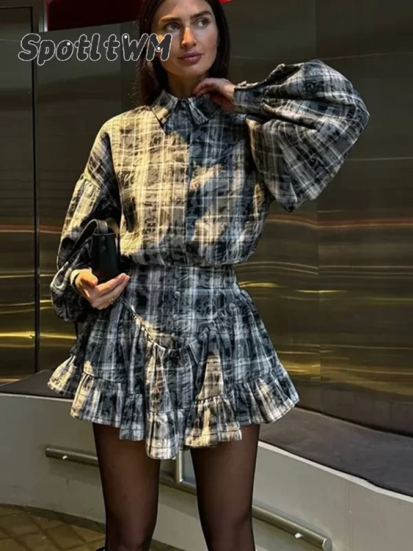 Dark Gray Plaid Casual Shirt and Mini Skirt Set for Women