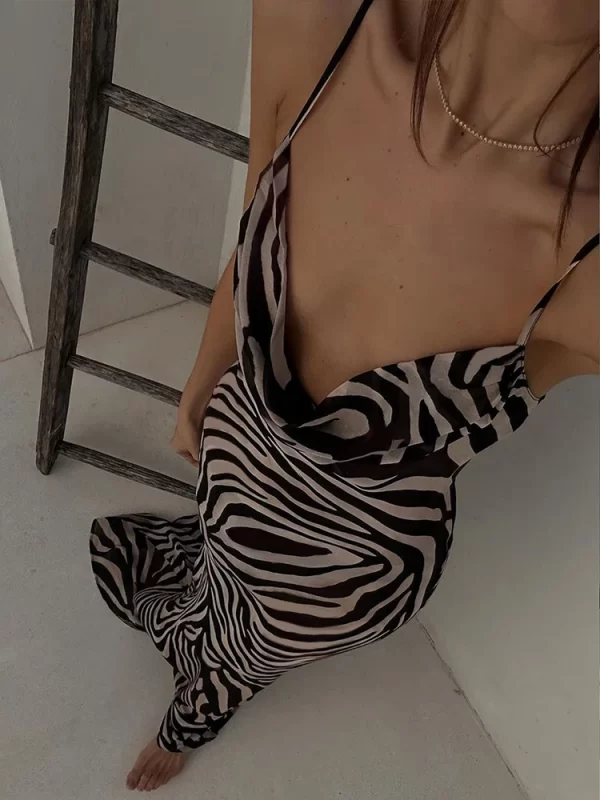 Elegant Zebra Print Maxi Dress for Women - Sheer Chiffon Beach Party Gown