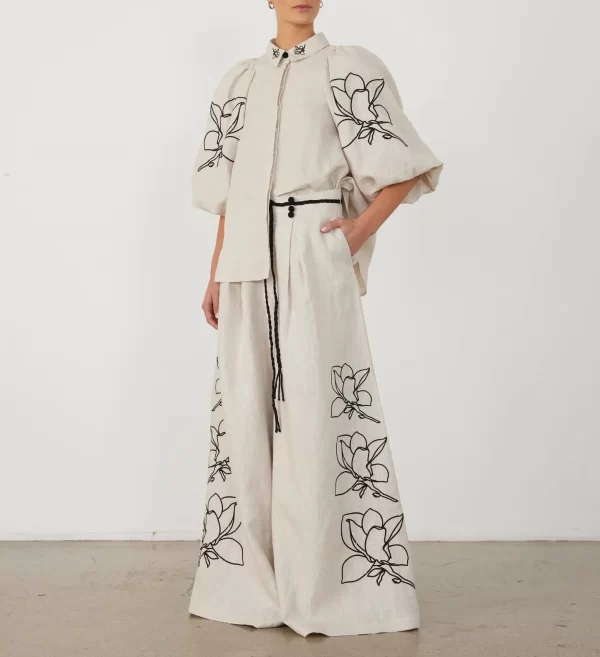 Elegant Cotton Linen Two-Piece Set with Printed Shirt and Wide Leg Pants - Image 7