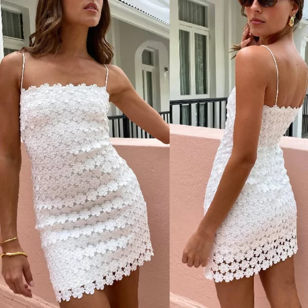 Lace Embroidery White Mini Dress with Spaghetti Straps - Image 2