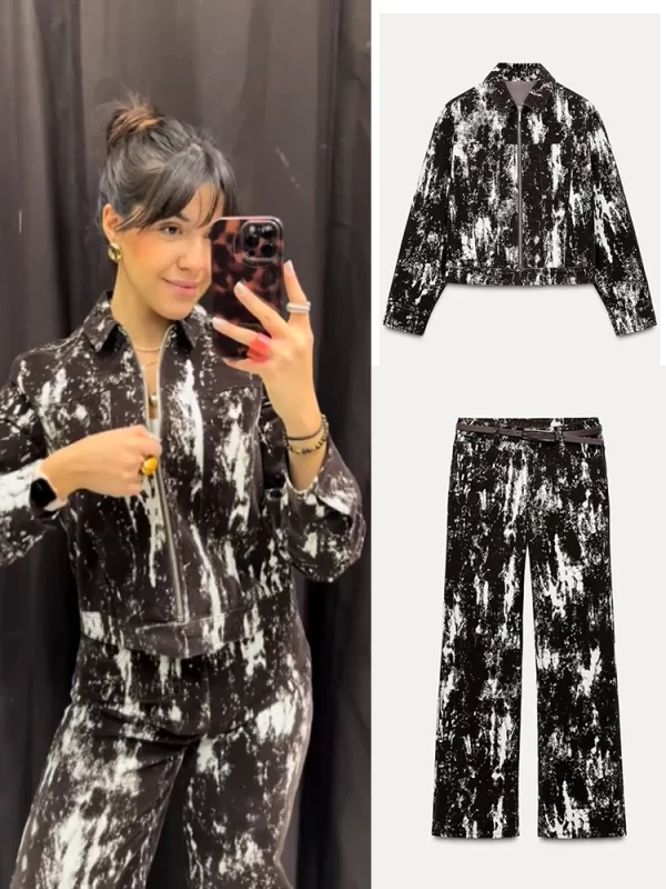 Chic Vintage Animal Print Jacket and Trousers Set for Women