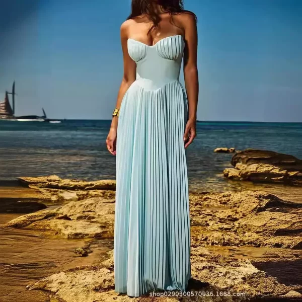 Elegant Strapless Pleated Maxi Dress for Women 2024