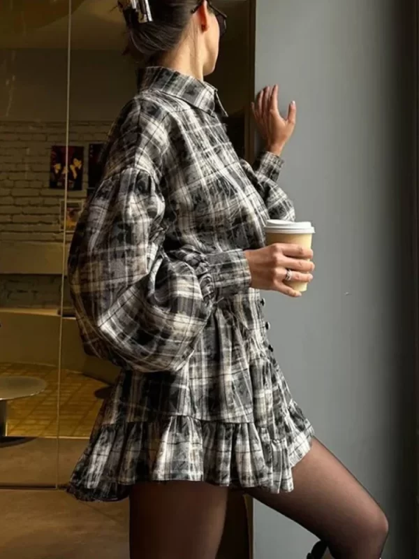 Dark Gray Plaid Casual Shirt and Mini Skirt Set for Women - Image 2