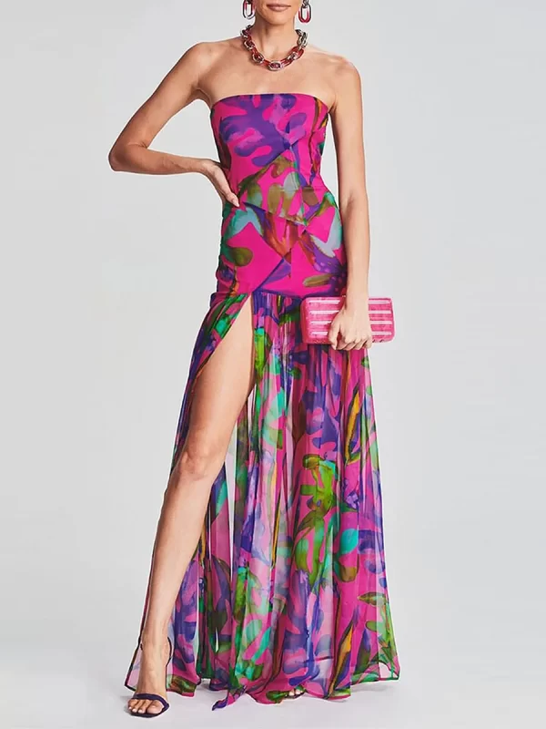 Tropical Leopard Print Strapless Tube Top Dress with High Slit - Image 4