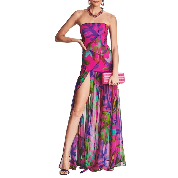 Tropical Leopard Print Strapless Tube Top Dress with High Slit - Image 7