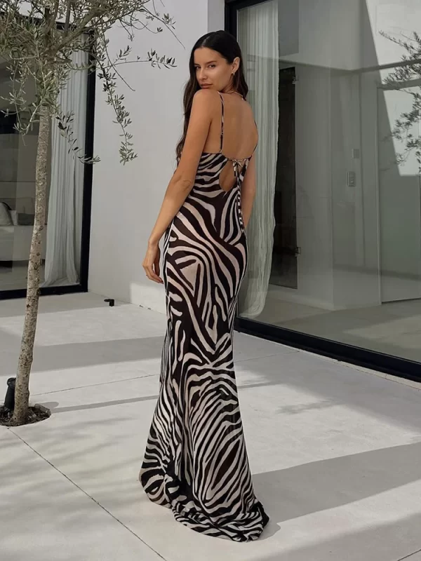 Elegant Zebra Print Maxi Dress for Women - Sheer Chiffon Beach Party Gown - Image 2