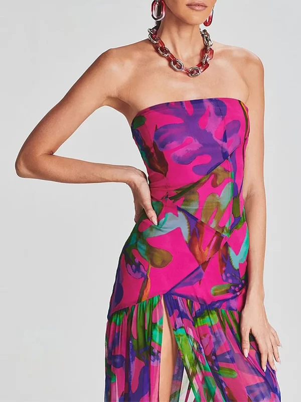 Tropical Leopard Print Strapless Tube Top Dress with High Slit - Image 2