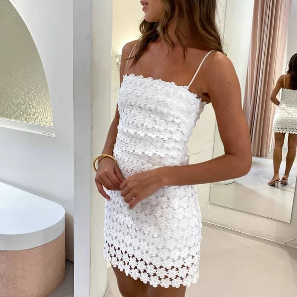 Lace Embroidery White Mini Dress with Spaghetti Straps