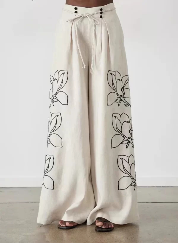 Elegant Cotton Linen Two-Piece Set with Printed Shirt and Wide Leg Pants - Image 6