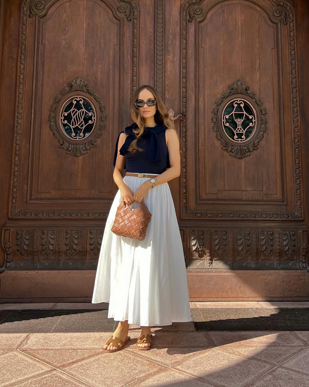 Stylish Navy Top with Flowing White Skirt