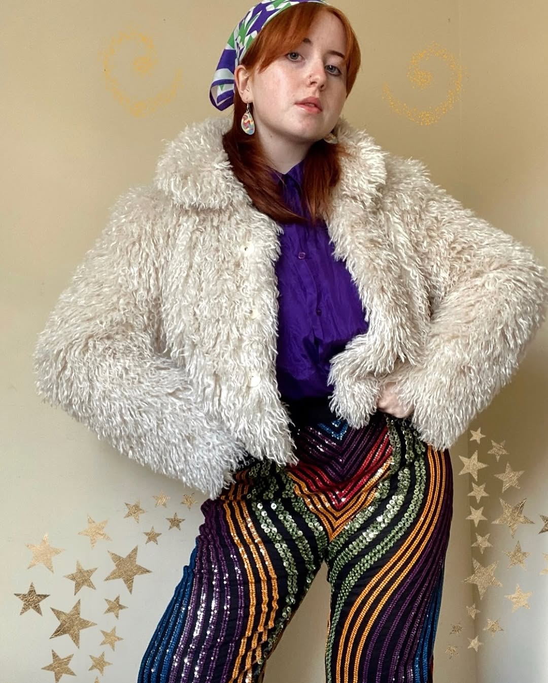 Retro Glam: Fluffy Jacket with Striped Pants