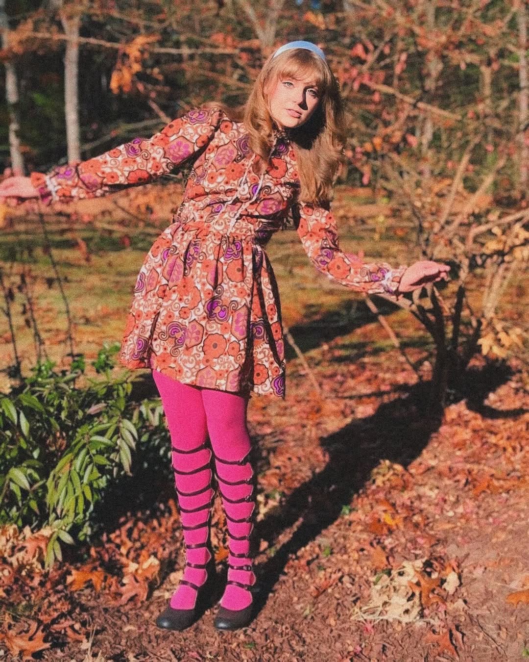 Playful 70s floral dress with bold colors
