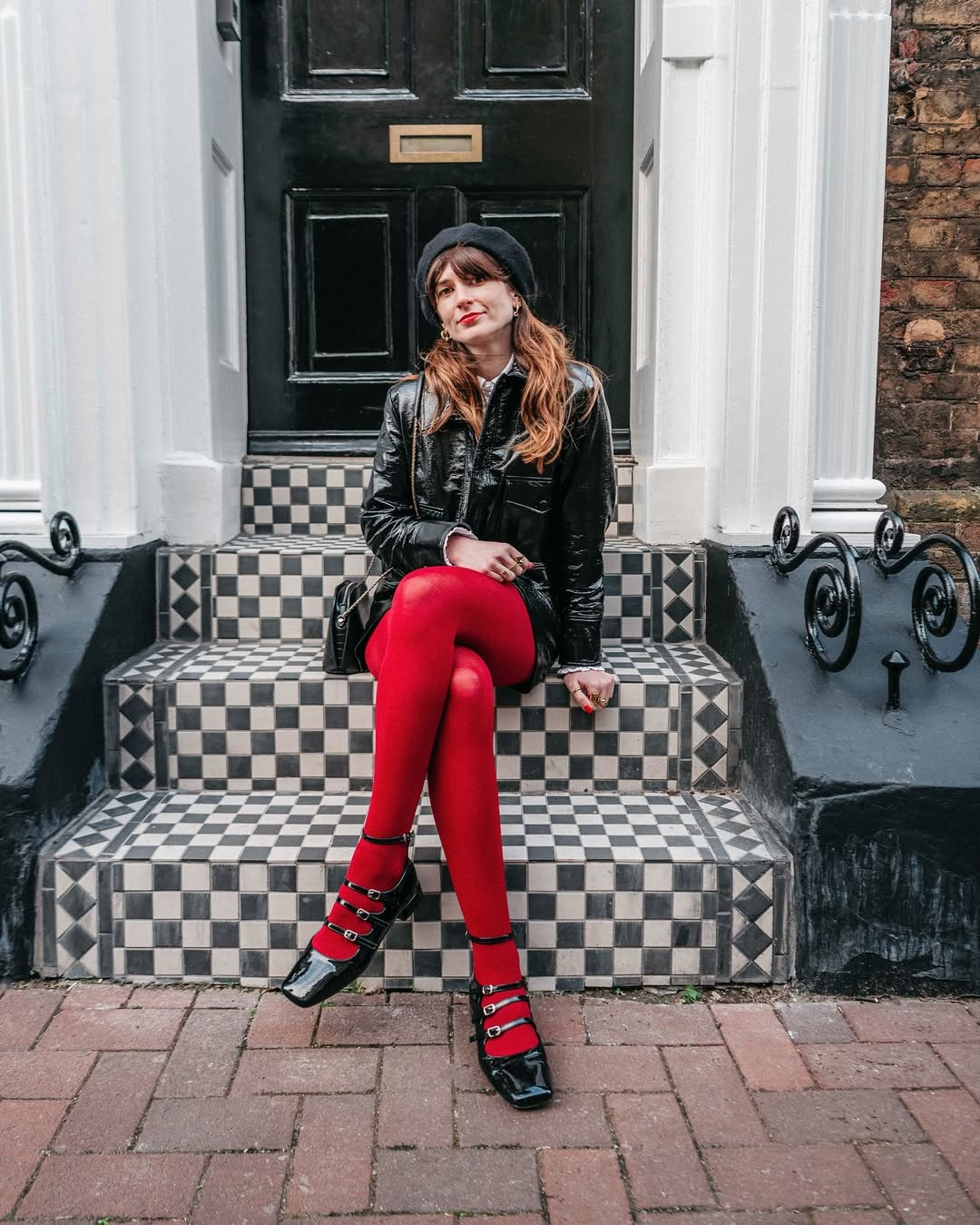 Chic red and black ensemble with Mary Janes