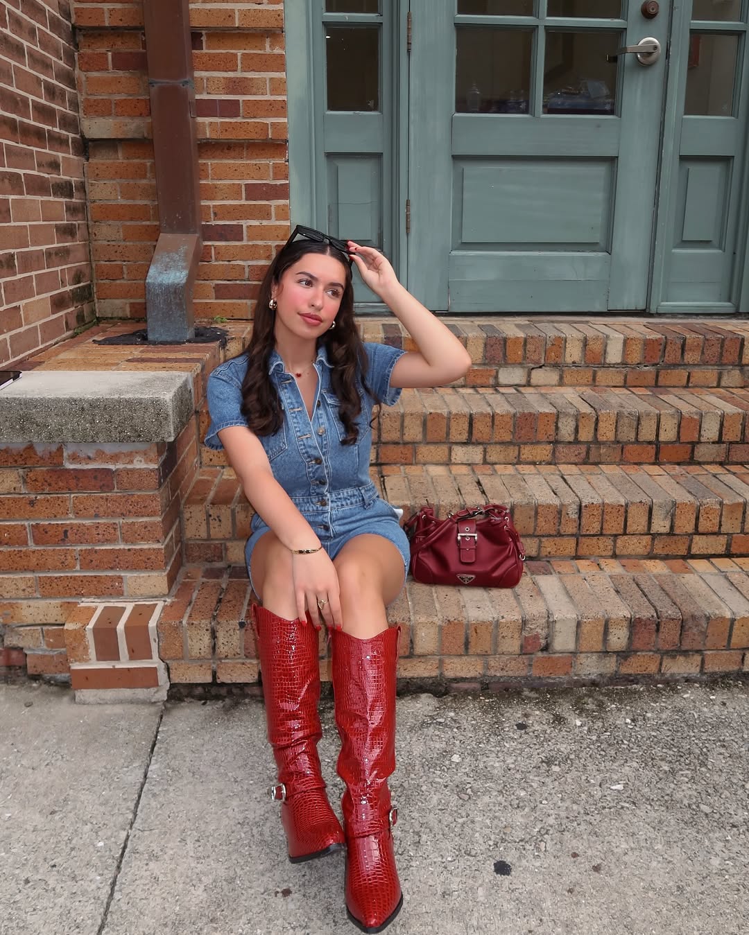 Chic denim dress with bold red boots